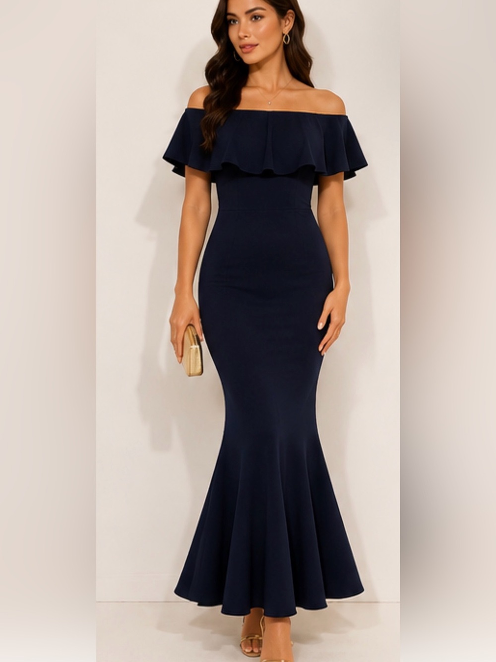 Vici Shop17 Navy Blue Off Shoulder Ruffle Mermaid Maxi Dress Flutter Hem